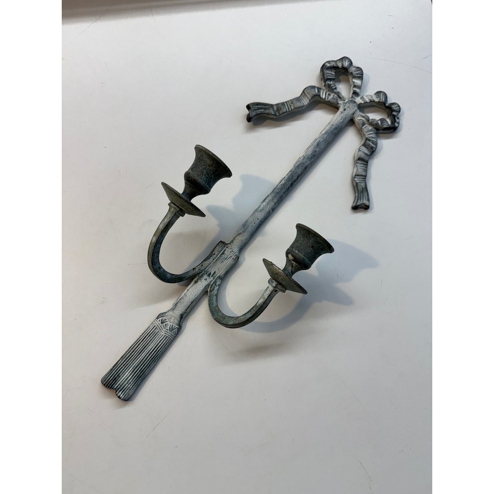 Unbranded Wall Sconce Pair White Excellent Bow Ribbon Tassel Metal patina - Picture 4 of 6